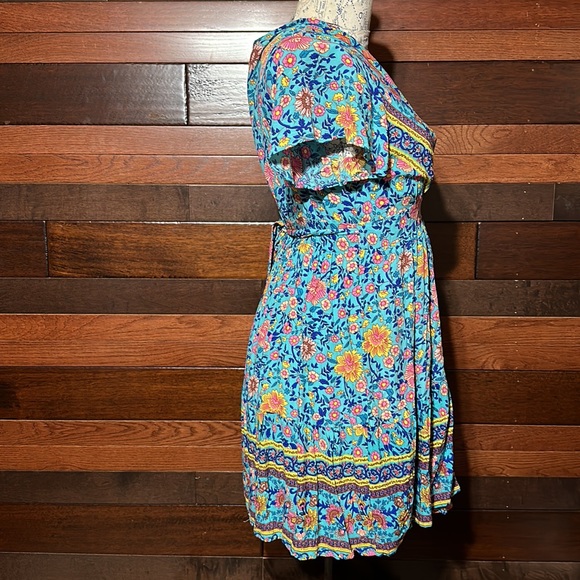 No Brand Tag V Neck Short Sleeve Teal Blue Floral Wrap Midi Dress - Picture 7 of 9